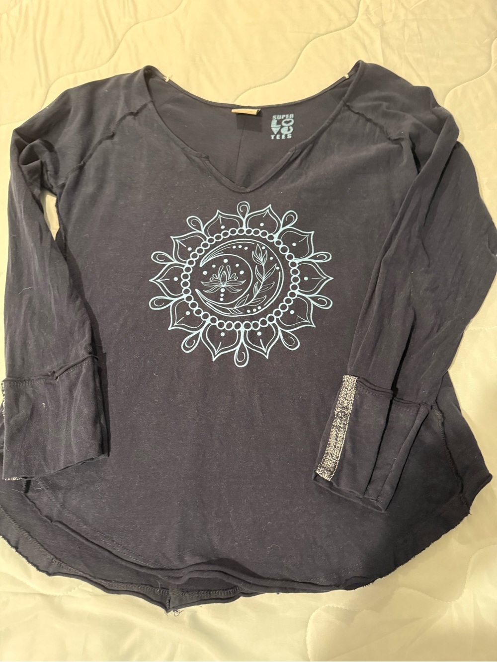 MV Sport Navy V-Neck Long Sleeve Tee with Light Blue Mandala